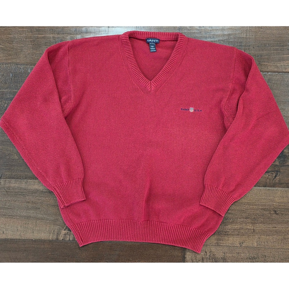 VTG Preppy RARE 3 Star Gant USA Mens Red V-Neck Sweater Made in Italy Size L